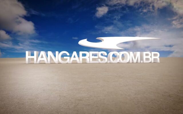 Logotipo HANGARES.COM.BR em 3D sobre uma planície, com céu azul ao fundo